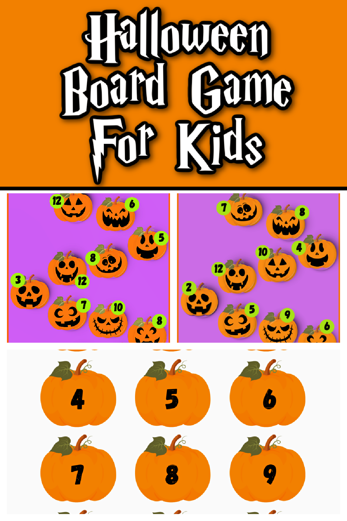 Halloween Pumpkin Smash Board Game- Orange and black text, numbers, purple background, jack o lanterns- Kids Activities Blog