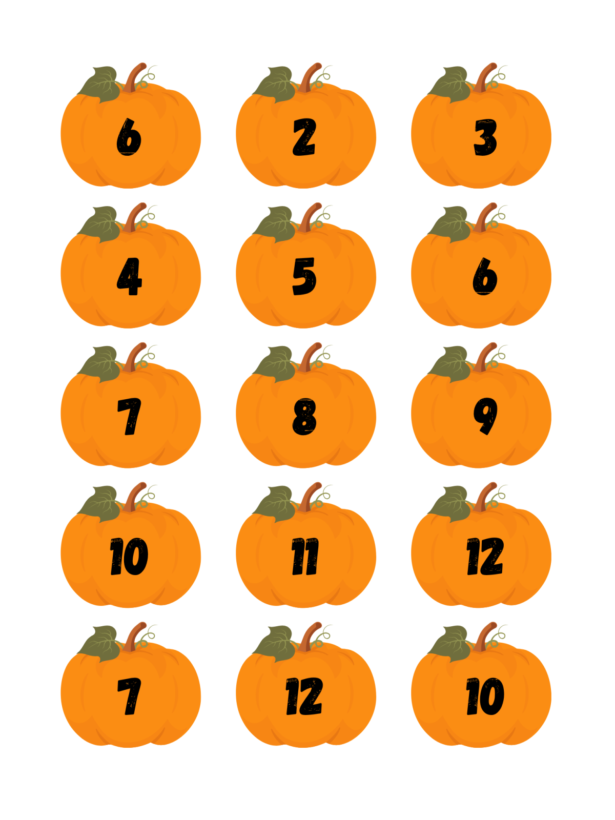 Halloween Pumpkin Smash Board Game- pumpkins that are orange with stems and leaves with black numbers in the middle - Kids Activities Blog