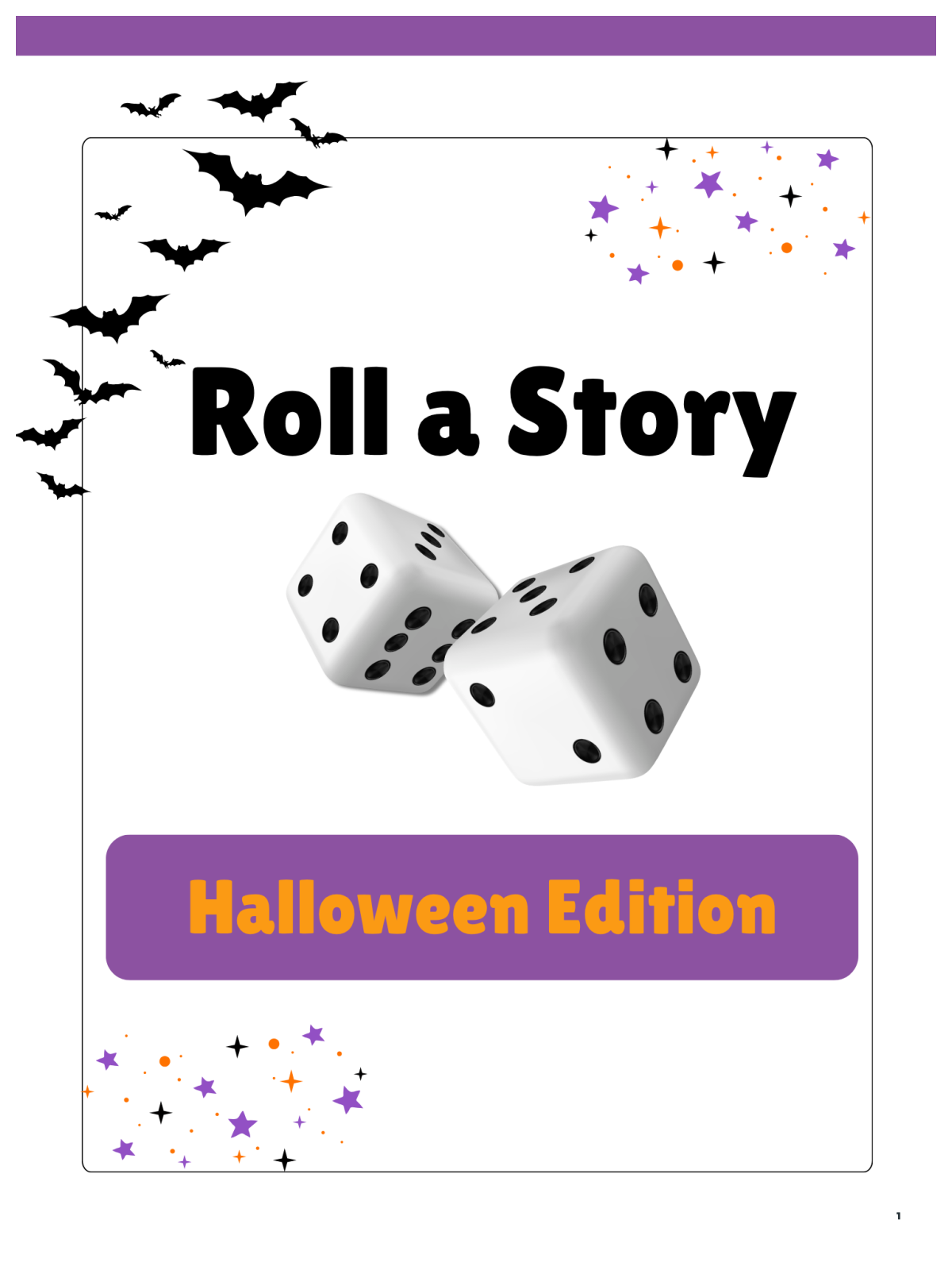 Halloween Roll A Story- cover with dice and bats and confetti - Kids Activities Blog