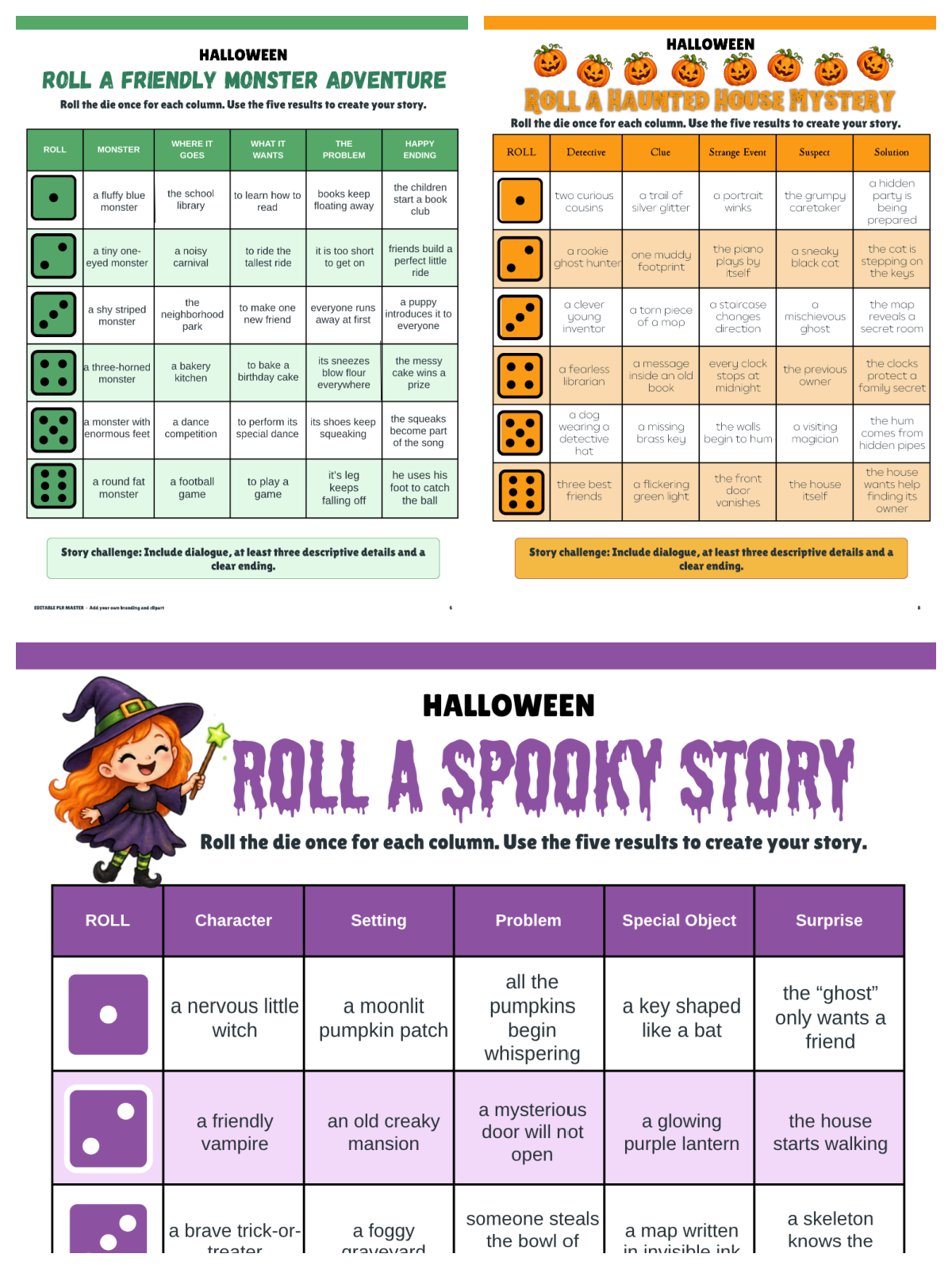 Halloween Roll A Story- purple, orange, green dice pages with text and halloween images - Kids Activities Blog